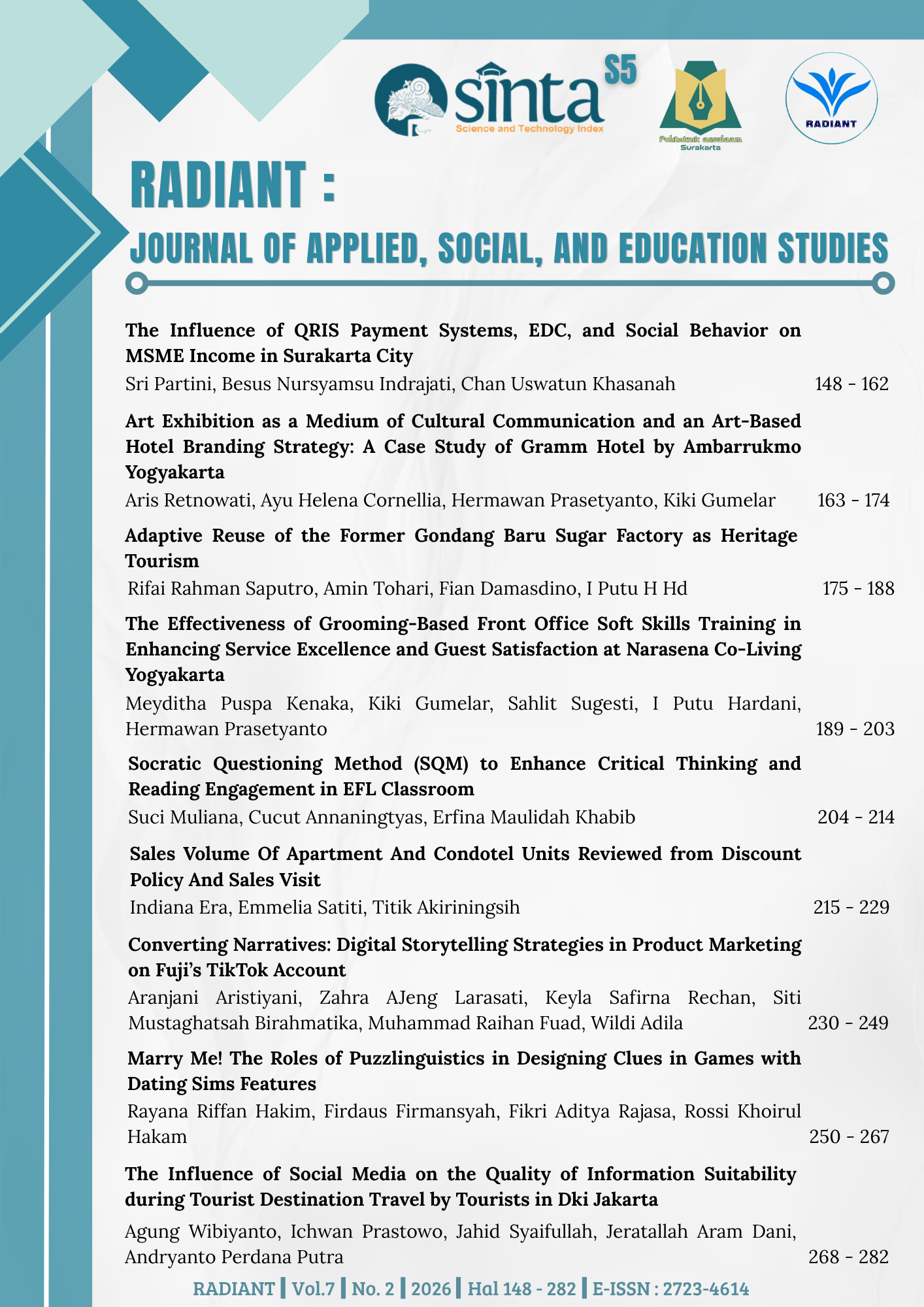 					View Vol. 7 No. 2 (2026): RADIANT: Journal of Applied, Social, and Education Studies
				